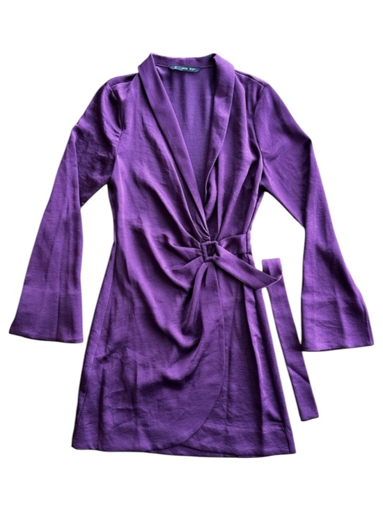 Mango Dresses & Skirts - MANGO Wrapped Satin Buckled Dress Dark Purple Whimsical Statement Flare Sleeves